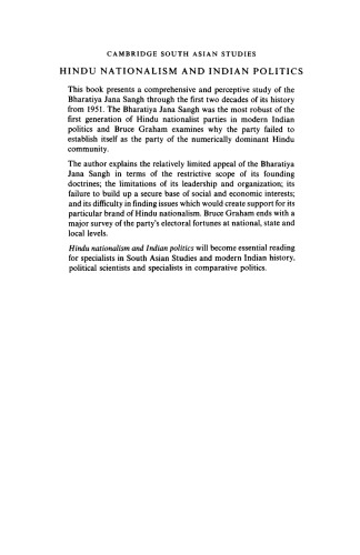 Hindu Nationalism and Indian Politics: The Origins and Development of the Bharatiya Jana Sangh