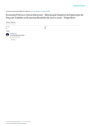 Economia Política e Contas Nacionais - Mensuração Empírica da Exploração da Força de Trabalho no Brasil de 2000 a 2020