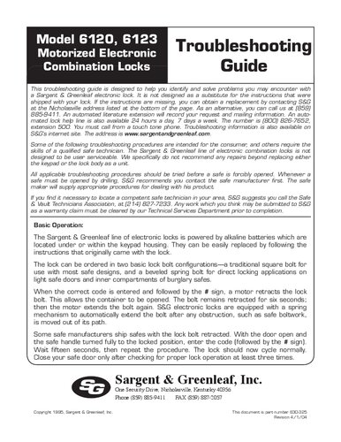 Sargent & Greenleaf Model 6120, 6123 Motorized Electronic Combination Lock Troubleshooting Guide