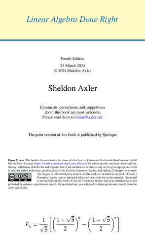Linear Algebra Done Right - 4th Edition - 25Mar2024 - Sheldon Axler - OpenSource from Authors Website