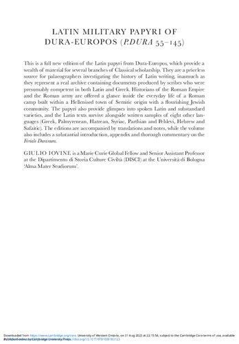 Latin Military Papyri of Dura-Europos (P.Dura 55–145): A New Edition of the Texts, with Introduction and Notes