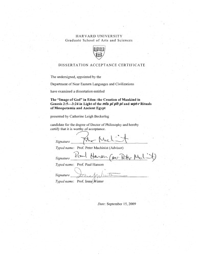 The  image of God  in Eden: The creation of mankind in Genesis 2:5--3:24 in light of the mis pi pit pi and wpt-r rituals of Mesopotamia and ancient Egypt