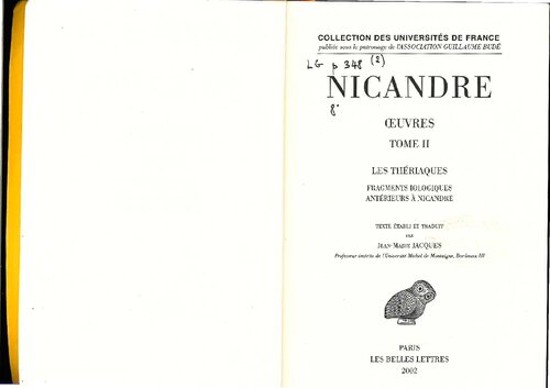 Œuvres: Les théraiques. Fragments iologiques antérieurs à Nicandre