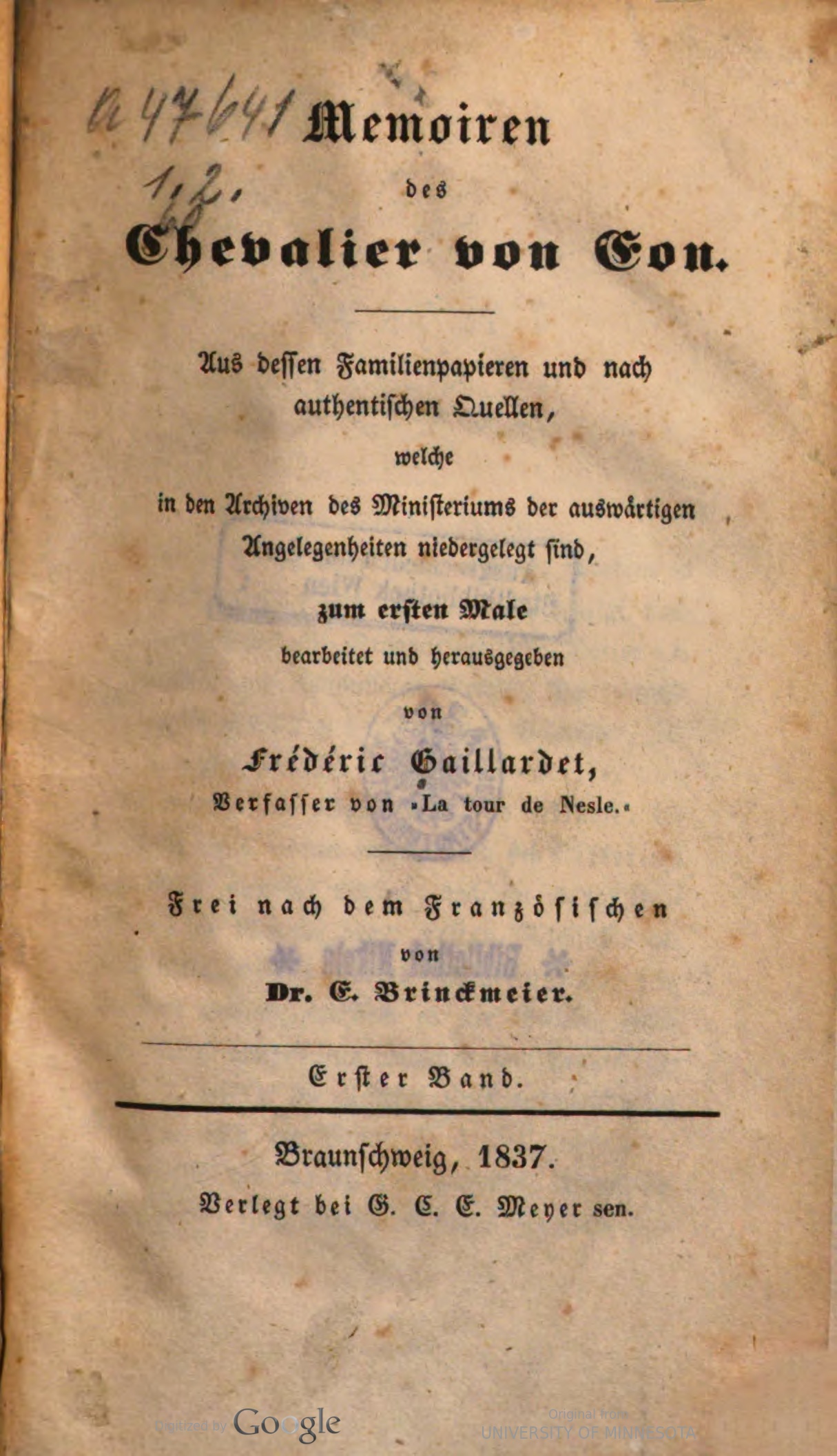 Memoiren des Chevalier von Eon aus dessen Familienpapieren und nach authentischen Quellen, welche in den Archiven des Ministeriums der auswärtigen Angelegenheiten niedergelegt sind