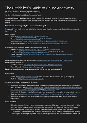 The Hitchhiker’s Guide to Online Anonymity - Version 0.9.7b - June 2021