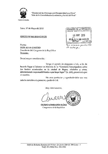 Informe en presentado [sic] por el congresista Guido Lombardi Elías