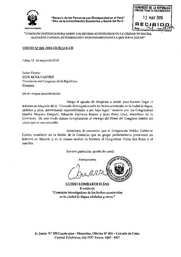 Informe de la Comisión Investigadora sobre los Hechos Acontecidos en la Ciudad de Bagua, Aledaños y Otros, Determinando Responsabilidades a que Haya Lugar