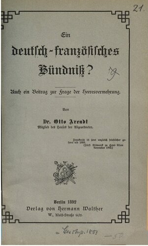 Ein deutsch-französisches Bündniss [Bündnis]? Auch ein Beitrag zur Frage der Heeresvermehrung