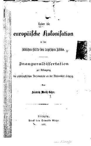 Über die europäische Kolonisation in der südlichen Hälfte des südlichen Afrikas