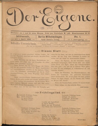 Der Eigene: No. 1, am 1. April 1896
