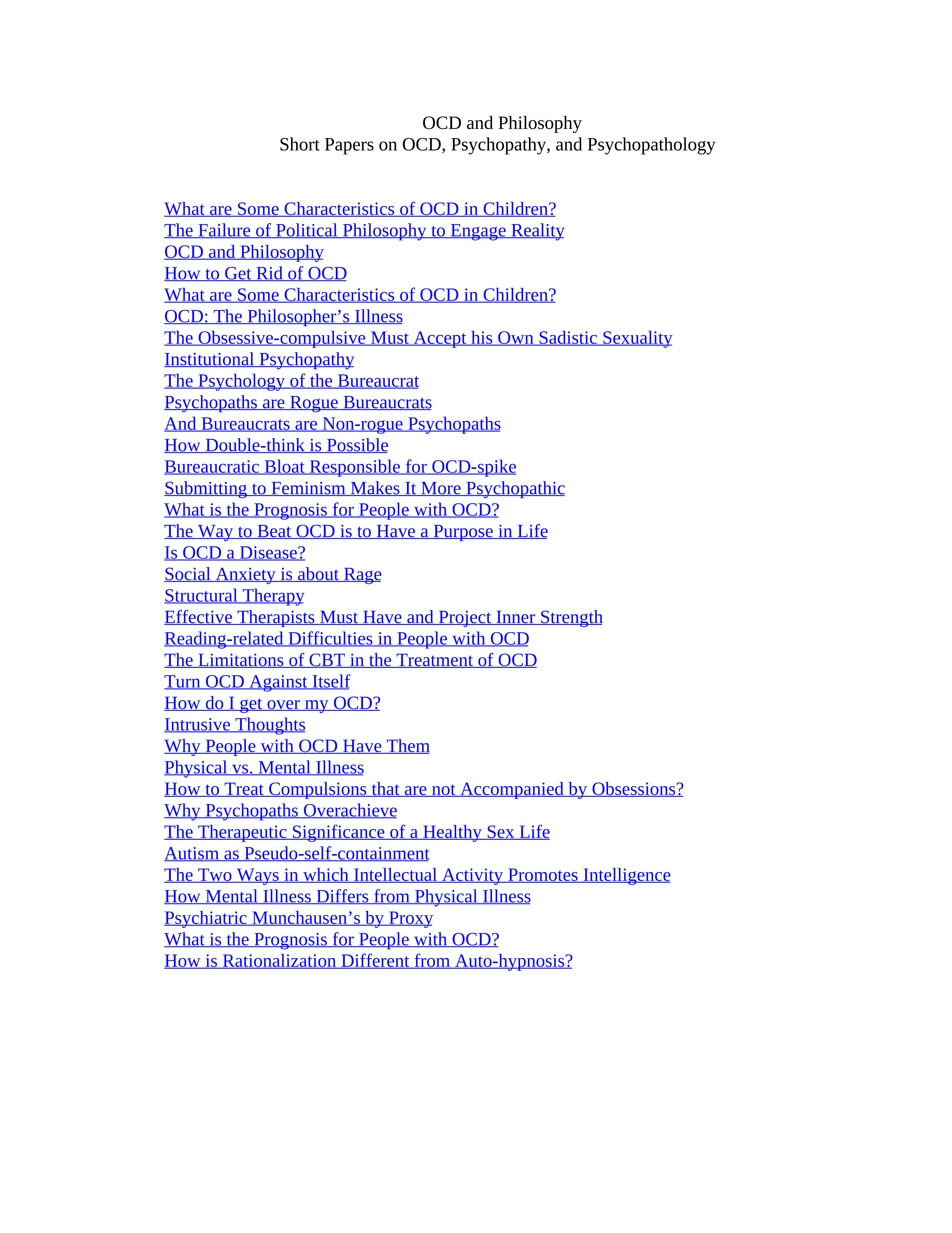 OCD and Philosophy: Short Papers on OCD, Psychopathy, and Psychopathology