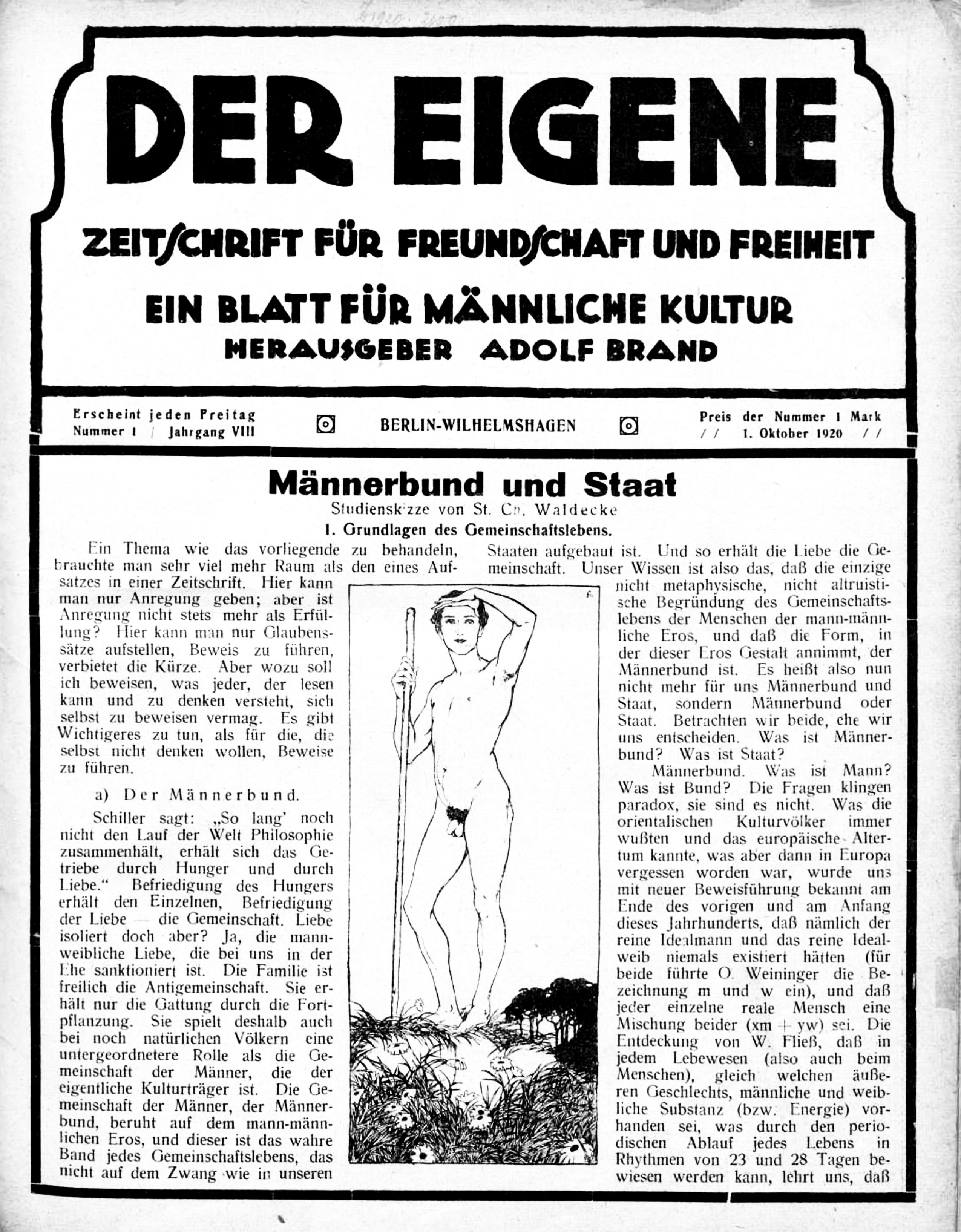Der Eigene, Jahrgang VIII: Zeitschrift für Freundschaft und Freiheit. Ein Blatt für männliche Kultur.