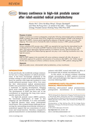 Urinary Continence in High-Risk Prostate Cancer After Robot-Assisted Radical Prostatectomy