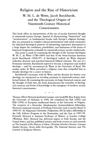 Religion and the Rise of Historicism: W. M. L. de Wette, Jacob Burckhardt, and the Theological Origins of Nineteenth-Century Historical Consciousness