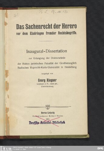 Das Sachenrecht der Herero vor dem Eindringen fremder Rechtsliegriffe