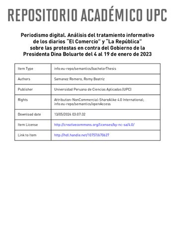 Periodismo digital. Análisis del tratamiento informativo de los diarios “El Comercio” y “La República” sobre las protestas en contra del Gobierno de la Presidenta Dina Boluarte del 4 al 19 de enero de 2023