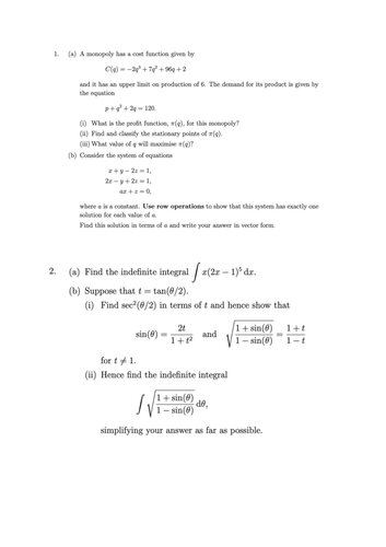 UOL MT1186 Mathematical Methods May 2024 Exam Questions