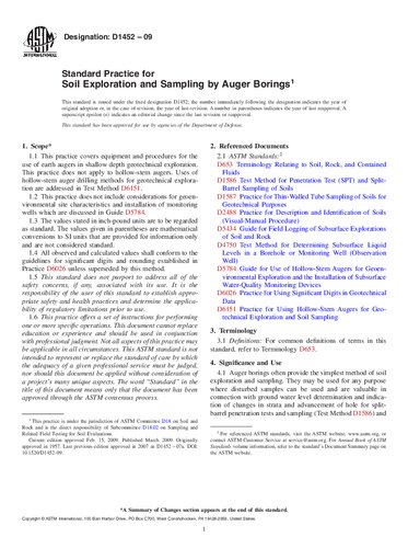 ASTM D1452-09 Standard Practice for Soil Exploration and Sampling by Auger Borings