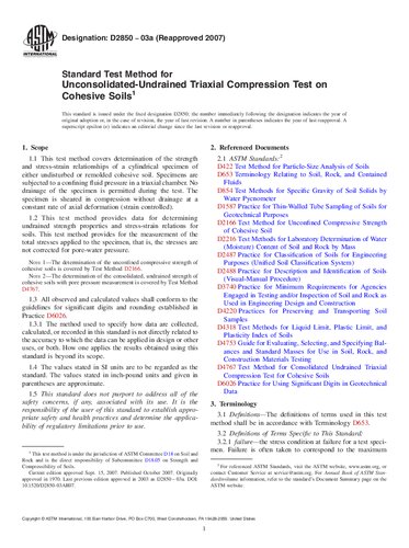 ASTM D2850-03a Standard Test Method for Unconsolidated-Undrained Triaxial Compression Test on Cohesive Soil