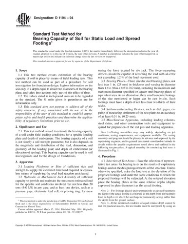 ASTM D1194-94 Standard Test Method for Bearing Capacity of Soil for Static Load and Spread Footings