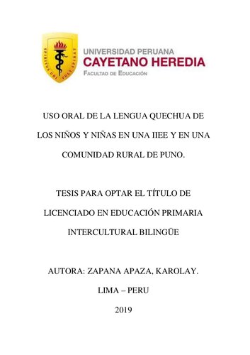 Uso oral de la lengua quechua de los niños y niñas en una IIEE y en una comunidad rural de Puno
