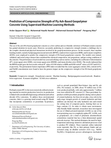 Prediction of Compressive Strength of Fly Ash-Based Geopolymer Concrete Using Supervised Machine Learning Methods