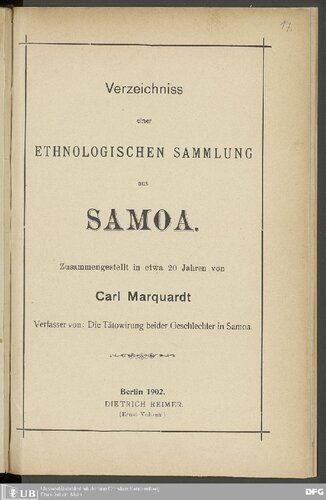 Verzeichniss einer ETHNOLOGISCHEN SAMMLUNG aus Samoa. Zusammengestellt in etwa 20 Jahren