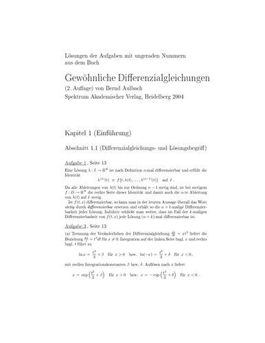 Gewöhnliche Differenzialgleichungen. Lösungen der Aufgaben mit ungeraden Nummern