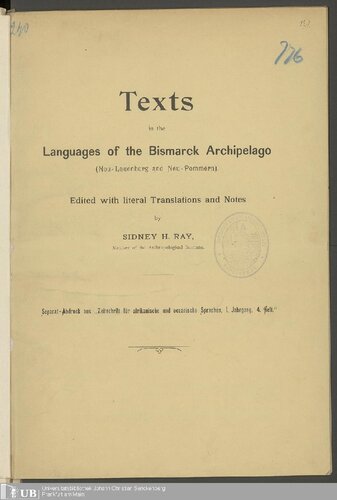 Texts in the Languages of the Bismarck Archipelago ((Neu-Lauenburg und Neu-Pommern) . Edited with literal Translations and Notes