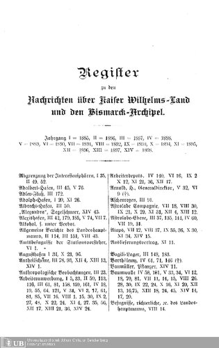 Register zu den Nachrichten über Kaiser Wilhelms-Land und den Bismarck-Archipel  I - XIV