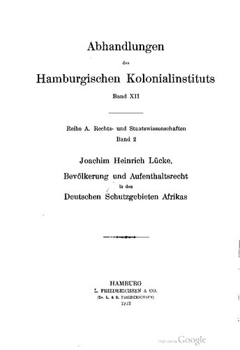 Bevölkerung und Aufenthaltsrecht in den Deutschen Schutzgebieten Afrikas
