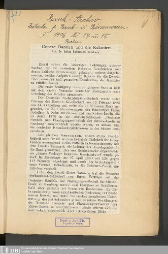 Unsere Banken und die Kolonien