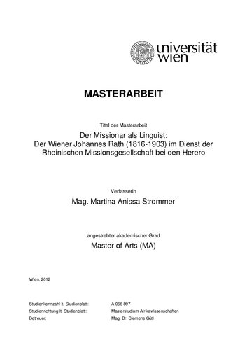 Der Missionar als Linguist: Der Wiener Johannes Rath (1816-1903) im Dienst der Rheinischen Missionsgesellschaft bei den Herero
