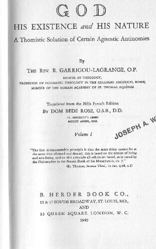 God: His Existence and His Nature: A Thomistic Solution of Certain Agnostic Antinomies (vol. 1)