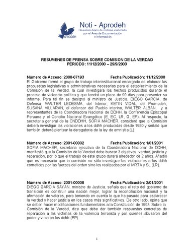 Resúmenes de prensa sobre Comisión de la Verdad. Periodo: 11/12/2000 - 29/9/2003