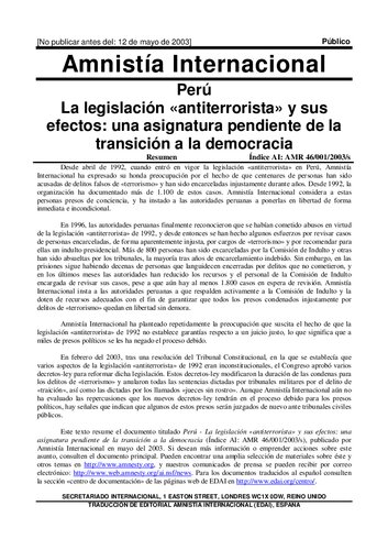 Perú. La legislación «antiterrorista» y sus efectos: una asignatura pendiente de la transición a la democracia