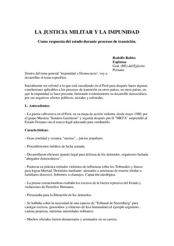 La justicia militar y la impunidad : Como respuesta del estado durante procesos de transición. Ponencia presentada en el Seminario Internacional: 