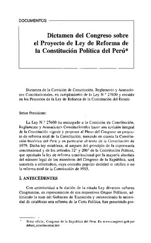 Dictamen del Congreso sobre el Proyecto de Ley de Reforma de la Constitución Política del Perú