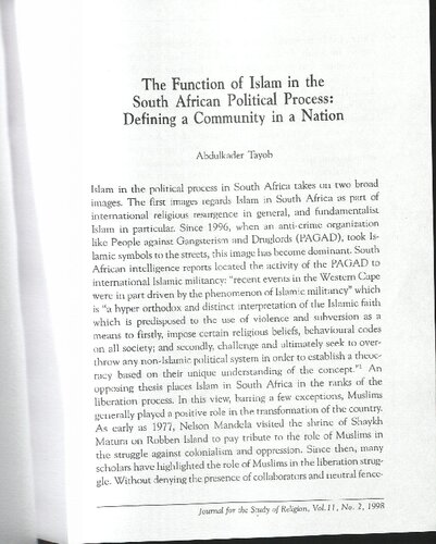 The Function of Islam in the South African Political Process: Defining a Community in a Nation