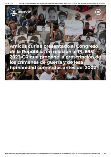 Amicus curiae presentado al Congreso de la República en relación al PL 6951-2023-CR que propone la prescripción de los crímenes de guerra y de lesa humanidad cometidos antes del 2002