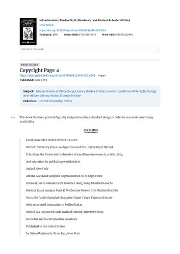 In Frankenstein's Shadow: Myth, Monstrosity, and Nineteenth-Century Writing