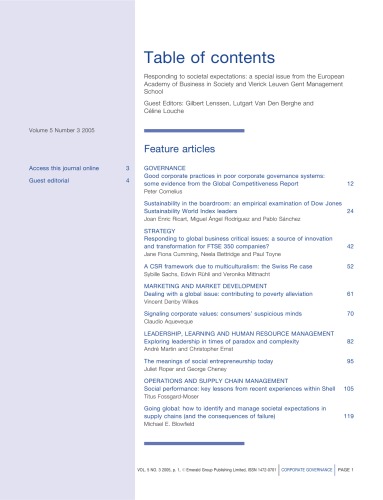 Responding to societal expectations a special issue from the European academy of business in society and Vlerick Leuven Gent management school (Corporate Governance, 1472-0701 ; V.5, No. 3)