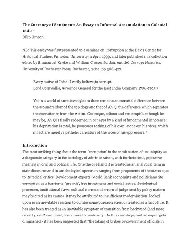 The Currency of Sentiment: An Essay on Informal Accumulation in Colonial India