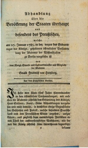 Abhandlung über die Bevölkerung der Staaten überhaupt und besonders des preußischen, welche am 27. Januar 1785 in der Akademie der Wissenschaften zu Berlin