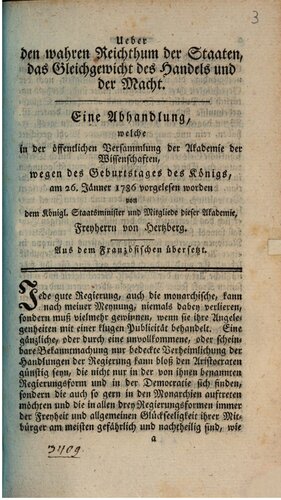 Ueber den wahren Reichthum der Staaten, das Gleichgewicht des Handels und der Macht