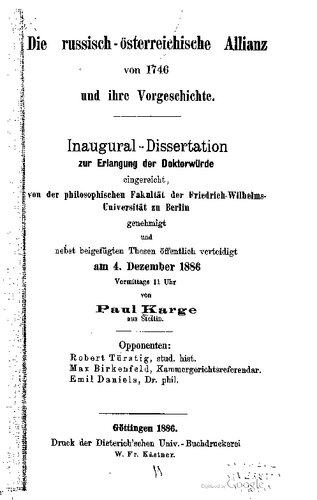 Die russisch-österreichische Allianz von 1746 und ihre Vorgeschichte