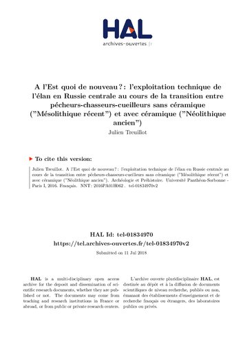 A l’Est quoi de nouveau ? : l’exploitation technique de l’élan en Russie centrale au cours de la transition entre pécheurs-chasseurs-cueilleurs sans céramique (”Mésolithique récent”) et avec céramique (”Néolithique ancien”)
