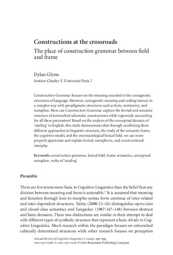 Constructions at the crossroads: The place of construction grammar between field and frame