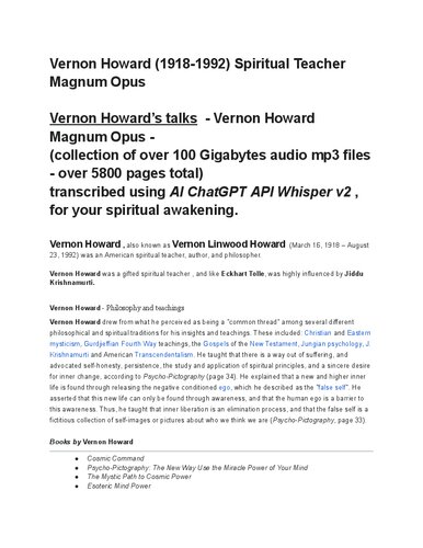 Vernon Howard Spiritual Teacher Magnum Opus  ( The Mystic Path to Cosmic Power ) - Collection of all his talks transcribed .