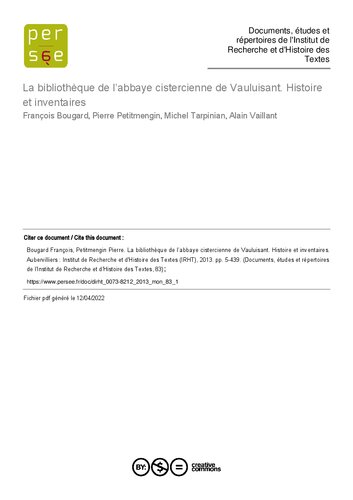 La Bibliothèque et l'abbaye cistercienne de Vauluisan. Histoire et inventaires